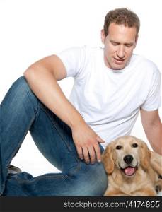 man with dog golden retriever purebred puppy isolated on white
