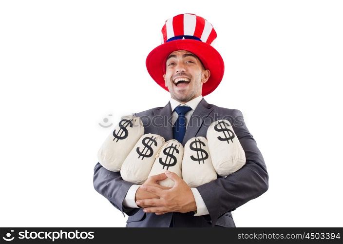 Man with dollar sacks on white