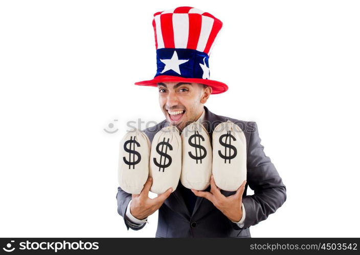 Man with dollar sacks on white