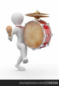 Man with drum and drumstick on white isolated background. 3d