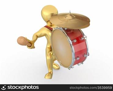 Man with drum and drumstick on white isolated background. 3d