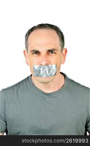 Man with duct tape on mouth