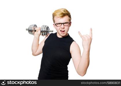 Man with dumbbells isolated on white