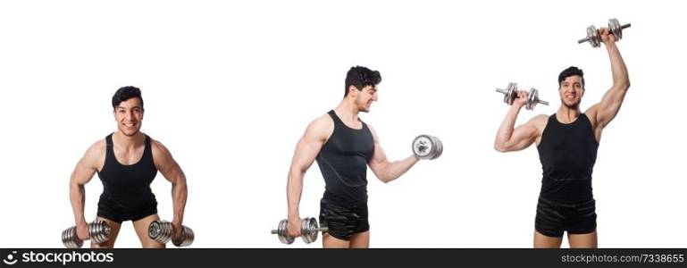 Man with dumbbells isolated on white