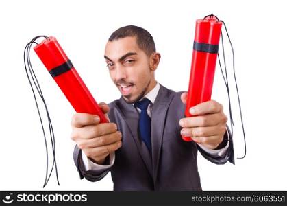 Man with dynamite stick isolated on white