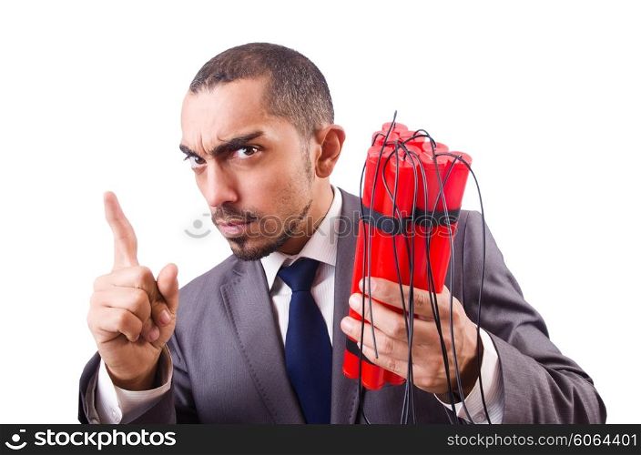 Man with dynamite stick isolated on white