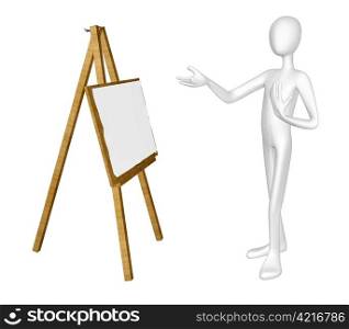 Man with easel isolated on white background.