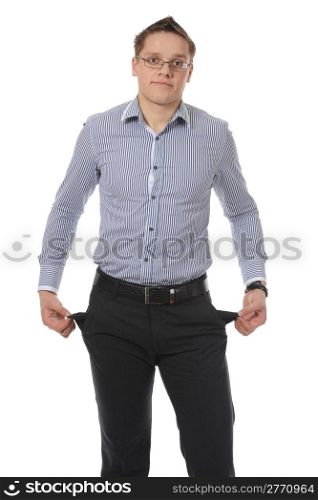 man with empty pockets. Isolated on white background