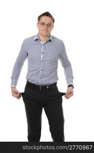 man with empty pockets. Isolated on white background