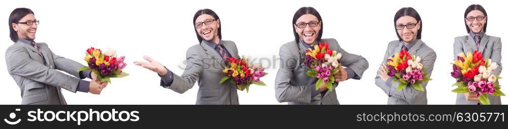 Man with flowers isolated on the white. The man with flowers isolated on the white