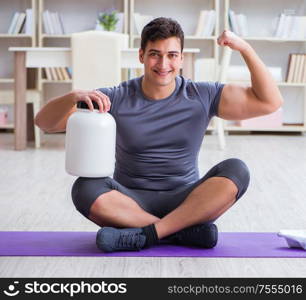 Man with food supplements in sports and healthy lifestyle concept. Man with food supplements in sports and healthy lifestyle concep