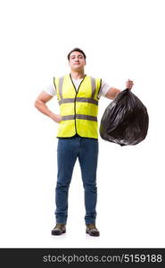 Man with garbage sack isolated on white