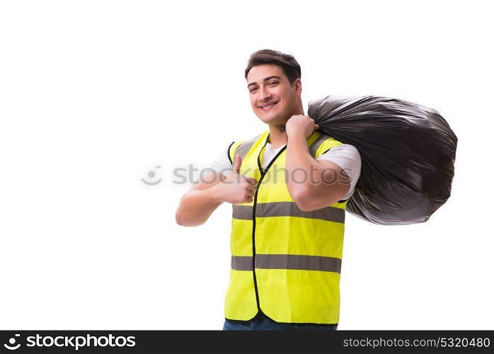 Man with garbage sack isolated on white