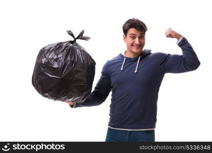 Man with garbage sack isolated on white