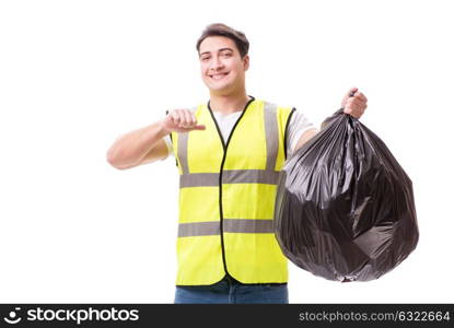 Man with garbage sack isolated on white