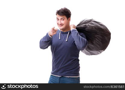 Man with garbage sack isolated on white