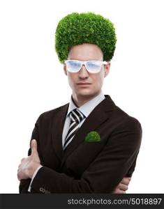 Man with greenery on his head. Loving nature and taking care of ecology concept. Isolated on white background