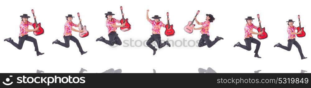 Man with guitar isolated on white