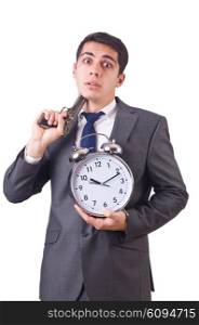 Man with gun and clock on white