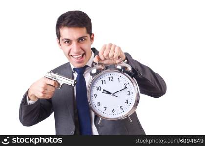 Man with gun and clock on white
