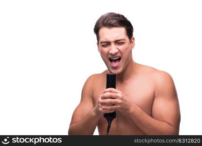 Man with hairdryer isolated on white