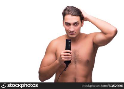 Man with hairdryer isolated on white