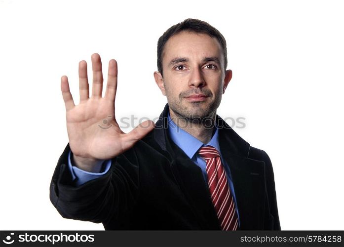 man with hand open isolated on white