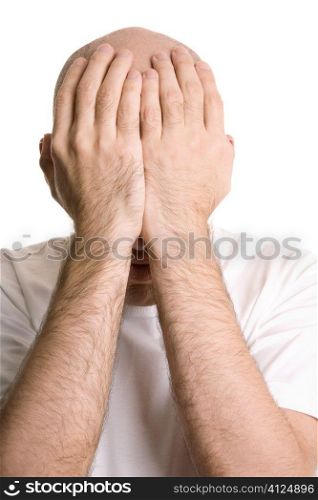 man with hands isolated on white background