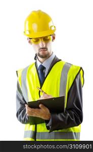 Man with hard hat on white