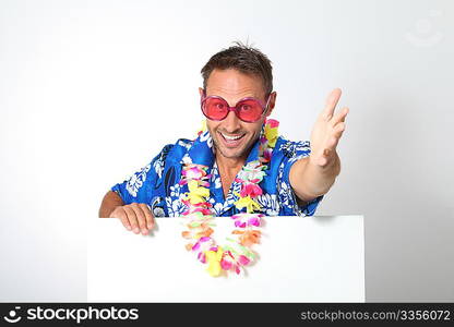 Man with hawaian shirt on white background