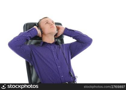 Man with headphones listening to music. Isolated on white background