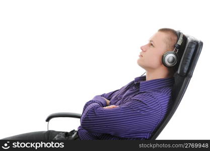 Man with headphones listening to music. Isolated on white background