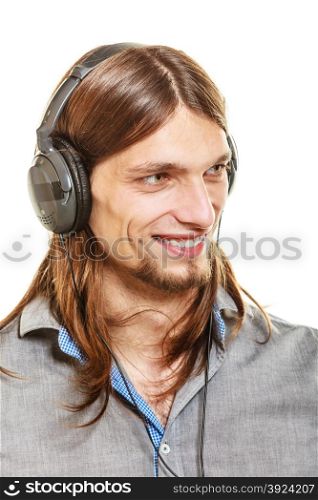 Man with headphones listening to music. Leisure.. Young man with headphones listening to music. Guy relaxing enjoying. People relax leisure pleasure concept. Isolated on white background.