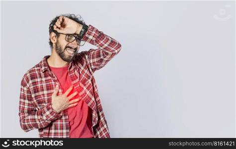 Man with heart pain on isolated background, man with chest pain, on isolated background, tachycardia