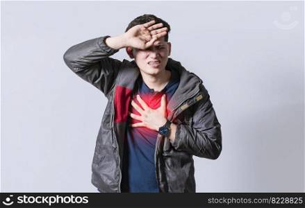 Man with heart pain on isolated background, man with chest pain, on isolated background, tachycardia