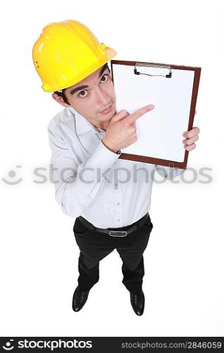 Man with helmet pointing portfolios
