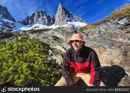 Man with hiking equipment walking in Sierra Nevada mountains,California,USA