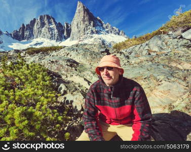 Man with hiking equipment walking in Sierra Nevada mountains, California, USA