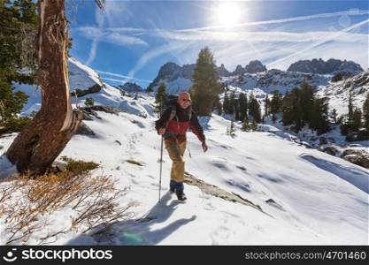 Man with hiking equipment walking in Sierra Nevada moutntains,California,USA