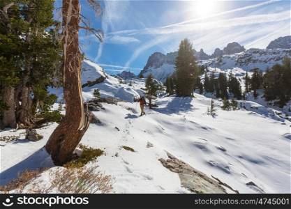 Man with hiking equipment walking in Sierra Nevada moutntains,California,USA