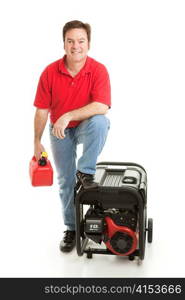 Man with his gas can and portable electric generator, ready for disaster. Isolated on white.