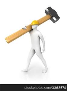 Man with huge sledgehammer isolated on white background