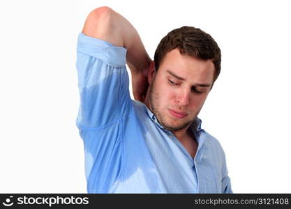 Man with Hyperhidrosis sweating very badly under armpit