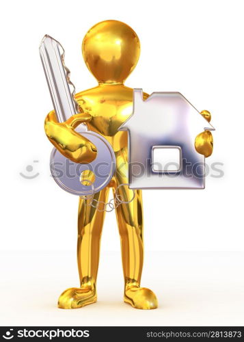 Man with key and trinkets. 3d