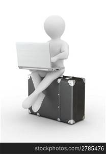 Man with laptop on the luggage. 3d