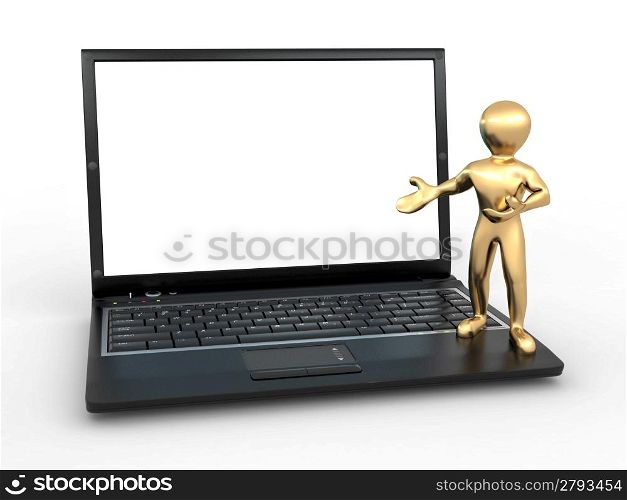 Man with laptop on white isolated background. 3d