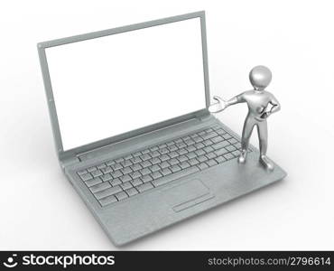 Man with laptop on white isolated background. 3d