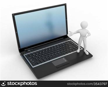 Man with laptop on white isolated background. 3d