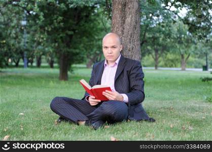 man with laptop sitting near a tree in the park