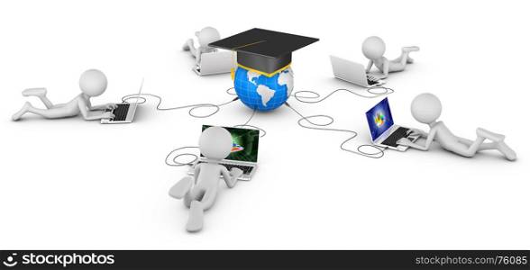 man with laptops and globe with a graduate cap. 3d rendering.